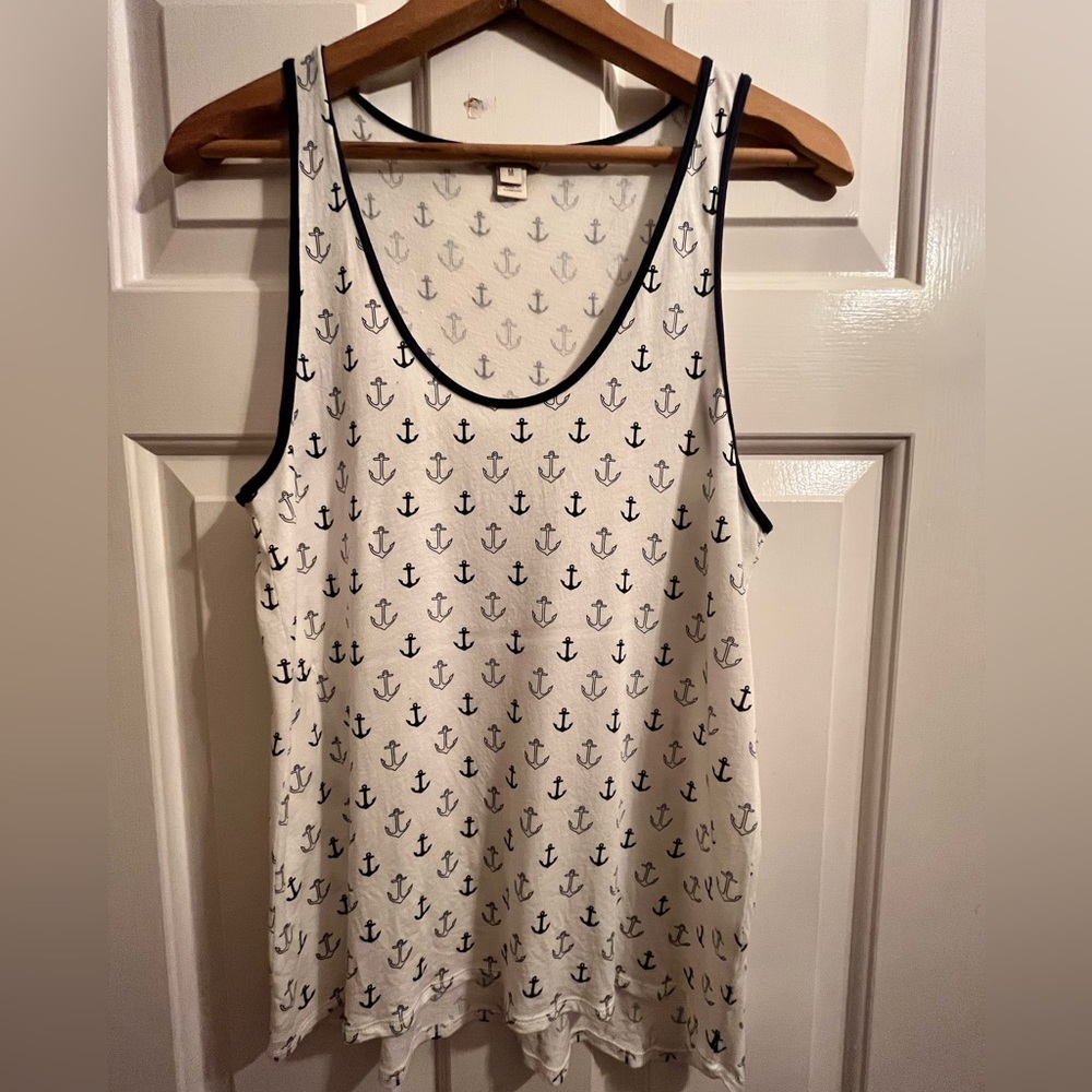 J. Crew anchor tank top, white with navy anchors and navy trim, size medium